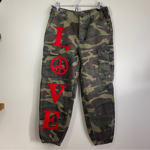 Sojara REWORKED Vintage Camo Love Peace Button-Fly Cargo Jogger Pant - Picture 1 of 7